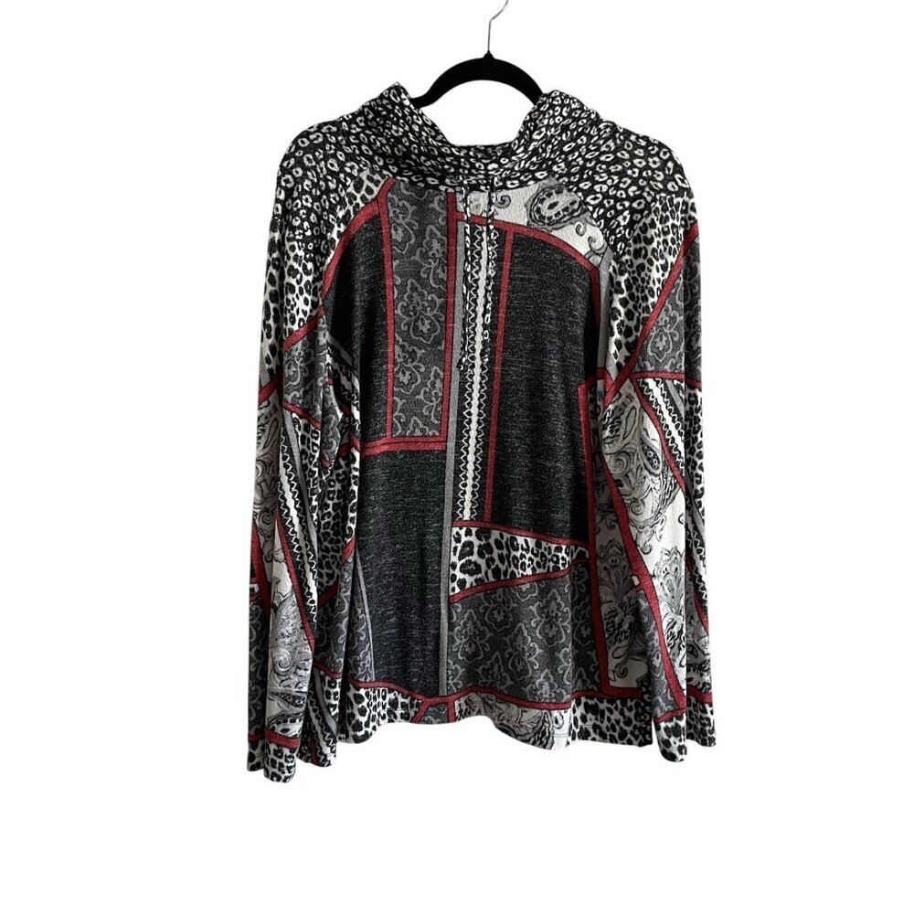 Weekends by Chicos Women Sz 2 L Black/Gray/Red Drawstring Cowl Neck L/Sleeve Top